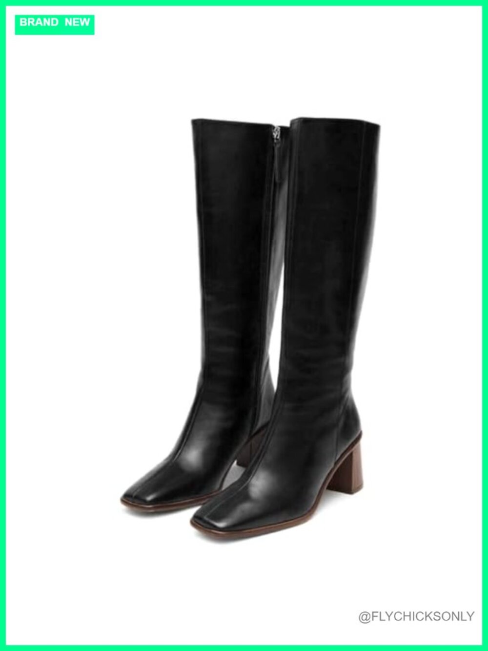 Faux Leather Knee High Boots Chunky Block Heel Square Toe Side Zip